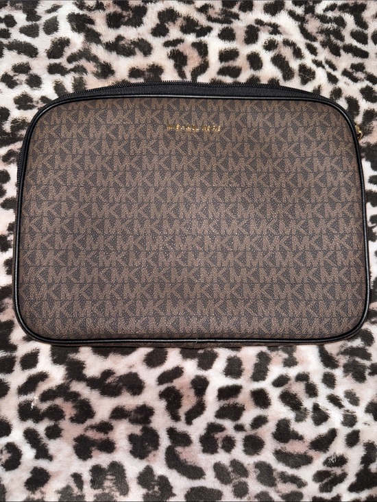 Michael Kors Handbags - Michael Kors Brown Monogram Toiletry Pouch with Gold Logo